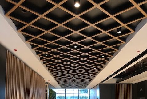 Office Space-Oak-Slats-Living-Wall-Public Area-Reception-Desk-Lift Area-Metal-Cladding
